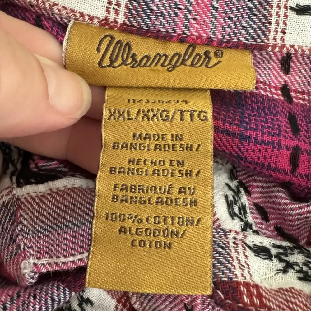 Wrangler Shirt Girls XXL Pink Plaid Western Pearl Snap Long Sleeve Ruffle Trim